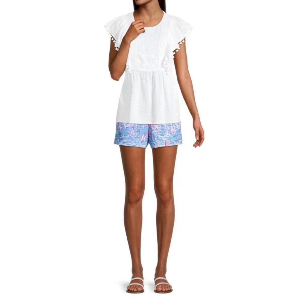 Lilly Pulitzer Raquelle Top Swiss Dot Dobby Chambray White Peplum Embroidered L - Picture 13 of 13